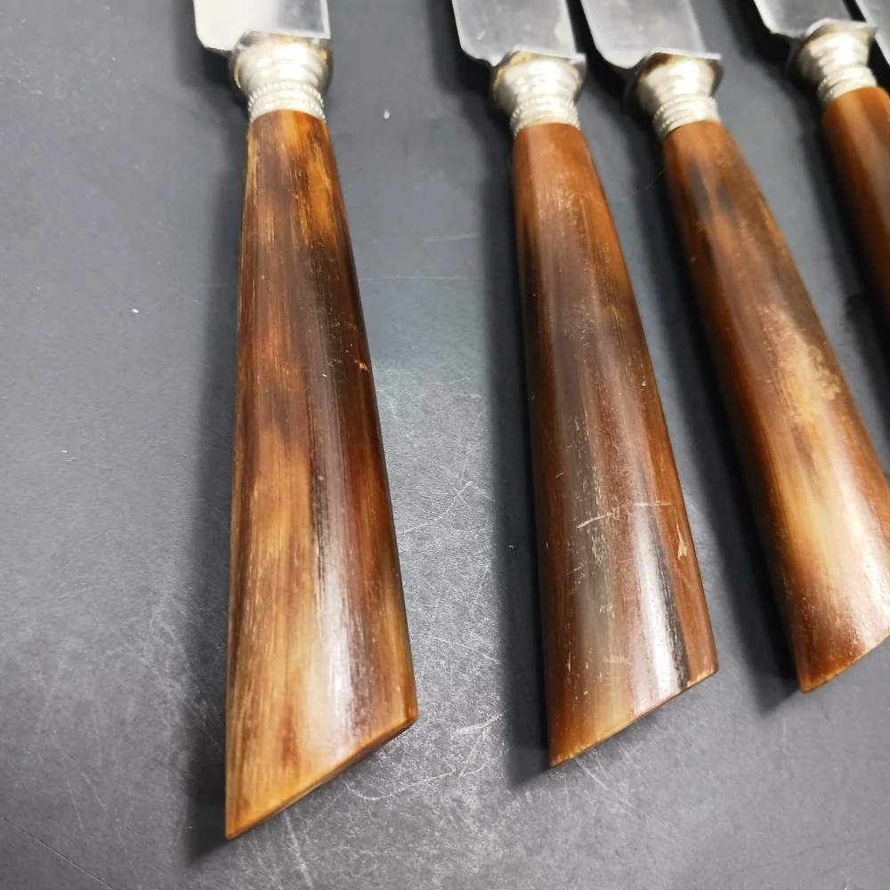6 Vintage Dutch Antler/Horn Handle Sharp DINNER KNIVES EUC